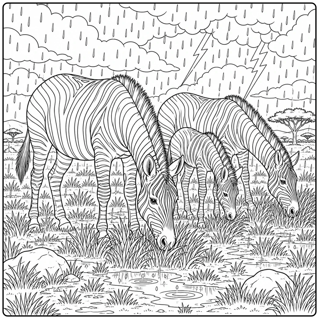 A realistic zebra coloring page shows three zebras grazing in rain beneath lightning