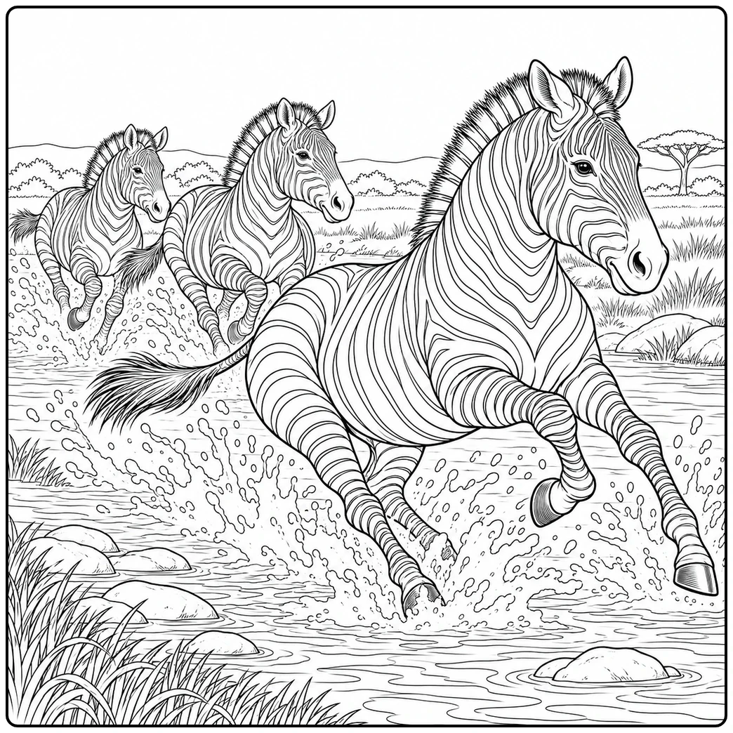 Three zebras splash through shallow water as they run together across a rocky stream