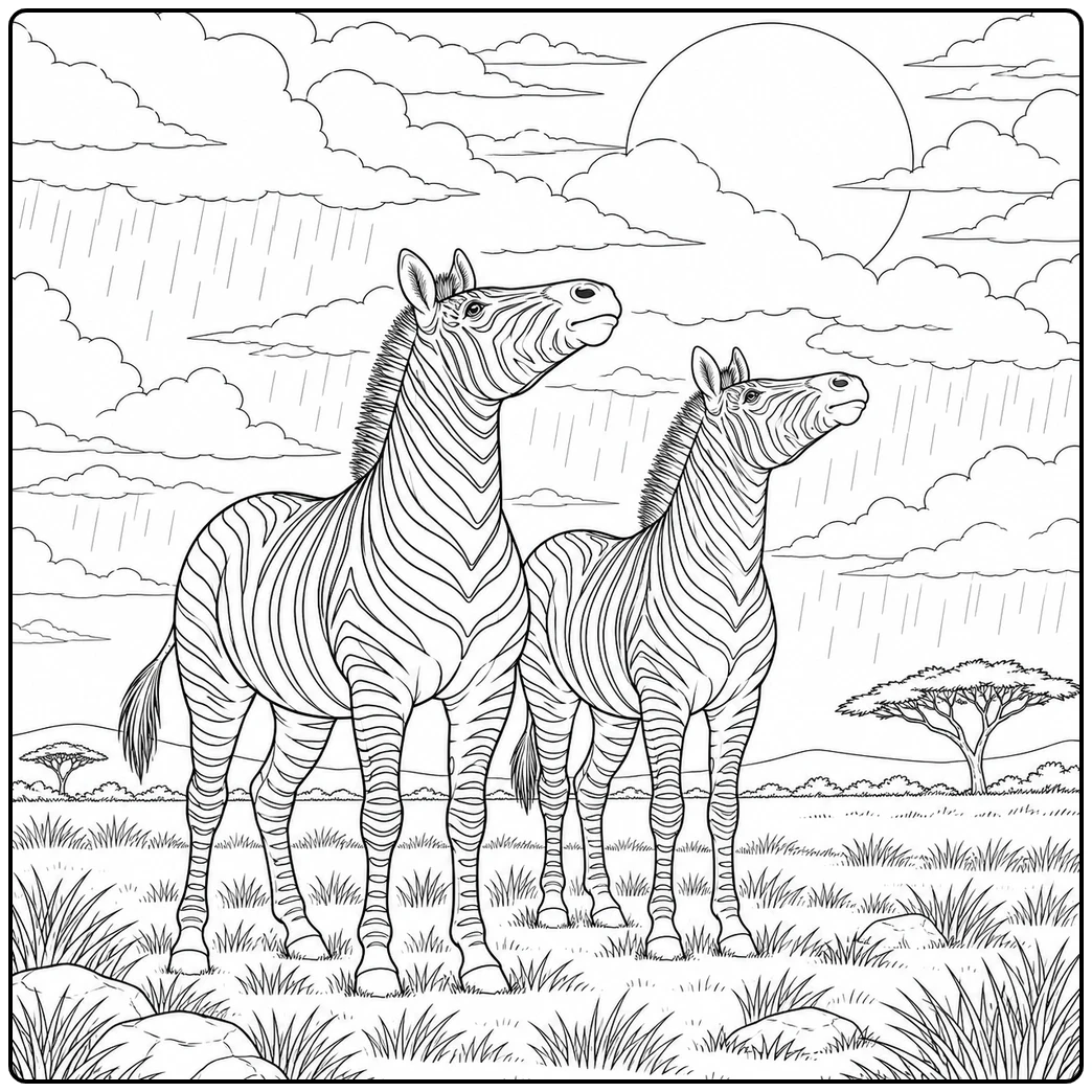 Two zebras stand alert beneath rain clouds while showers fall across the open savanna