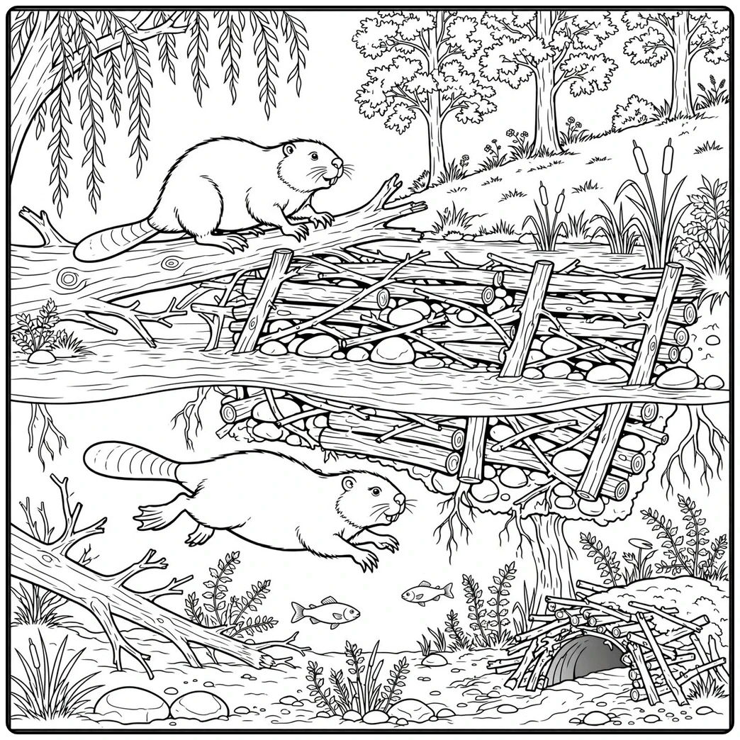 A cross-section reveals one beaver above a timber dam and another swimming below