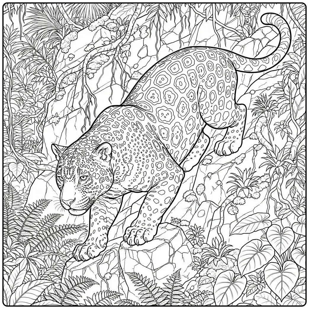 An adult jaguar climbing down a rocky cliff on a realistic jaguar coloring page with jungle plants