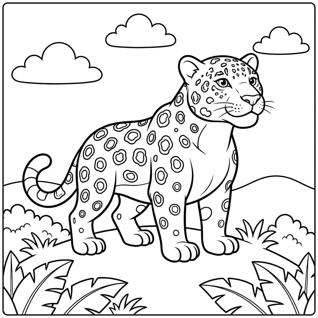 Easy jaguar coloring page featuring an adult jaguar standing on a hill beneath fluffy clouds