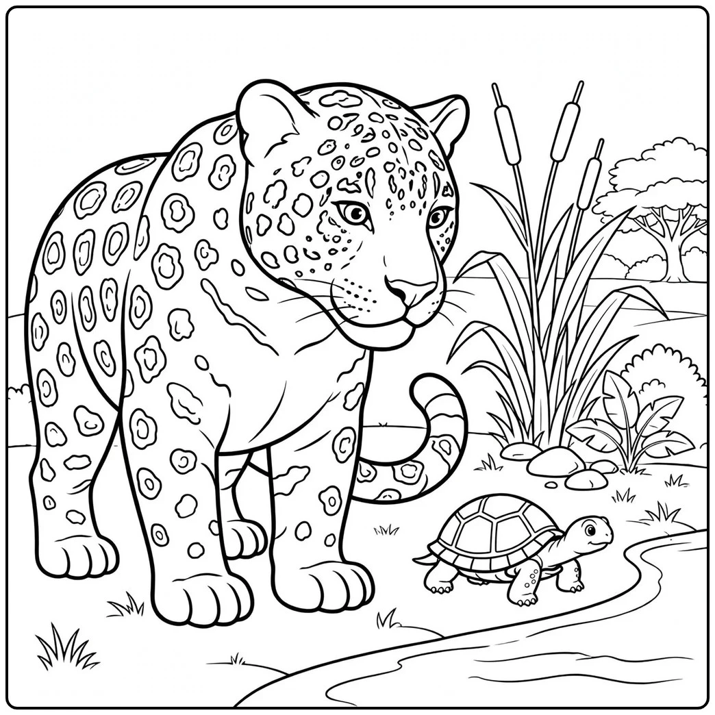 Adult jaguar standing beside a small turtle on a jaguar coloring page with river reeds