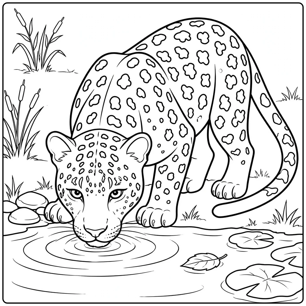 Adult leopard bends to drink from a quiet pond surrounded by reeds and lily pads