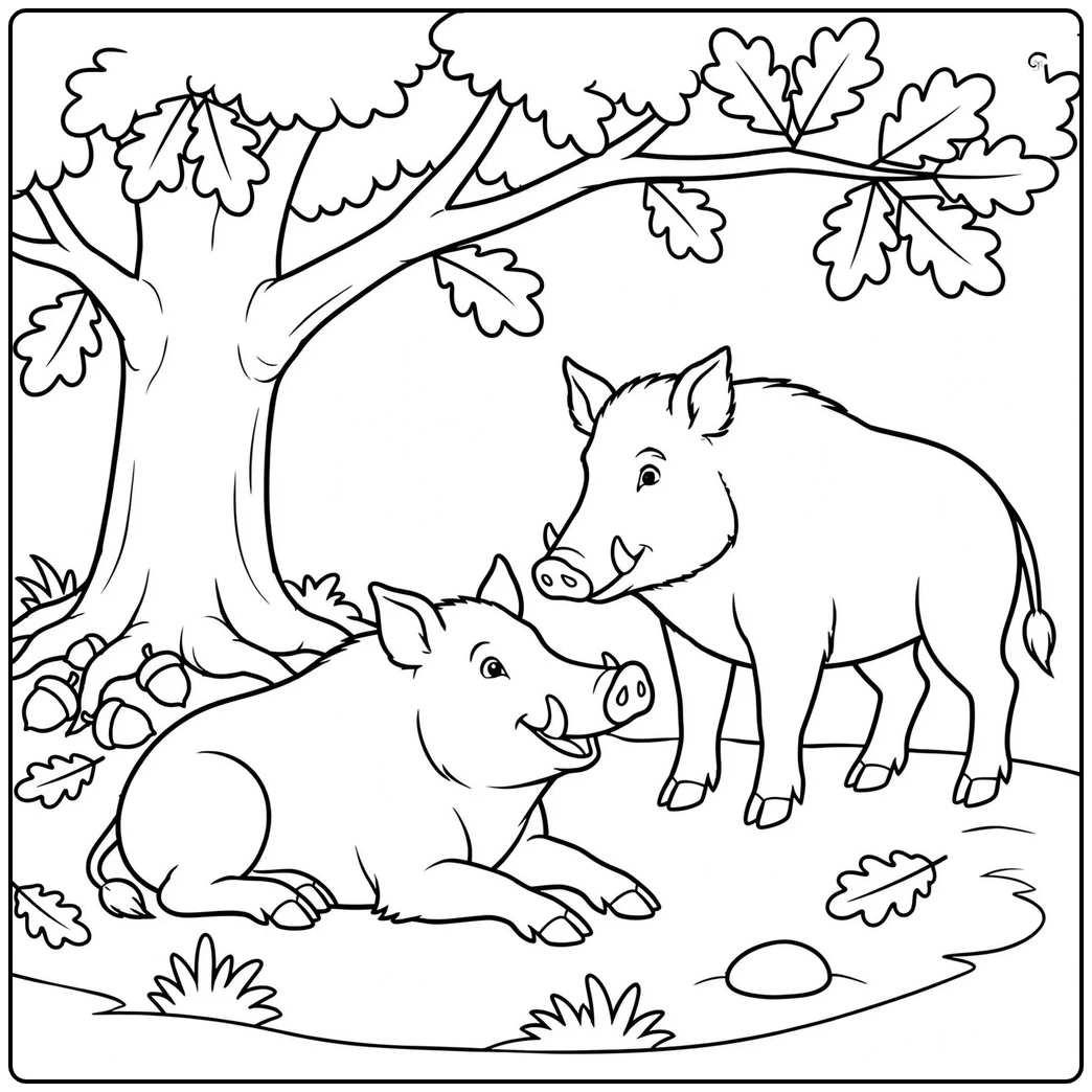Wild boar coloring page featuring two adult boars resting beneath a large oak tree
