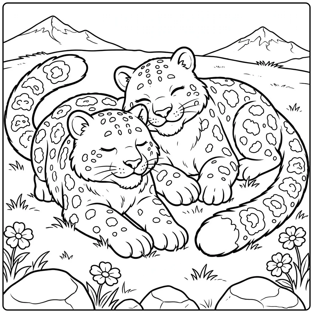 Two cuddling leopards resting in an alpine meadow in a cute snow leopard coloring page
