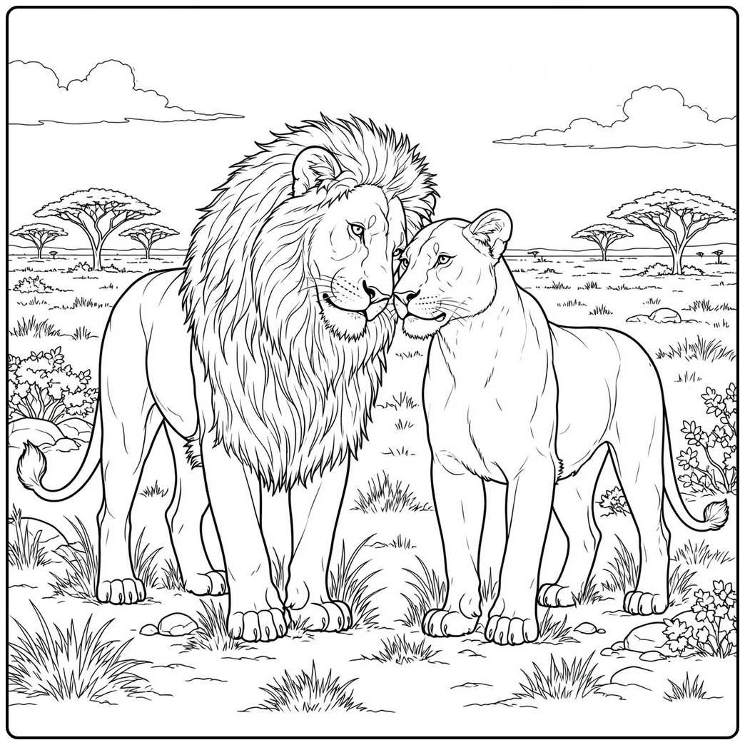 Male lion and lioness gently touch heads while standing in open savanna