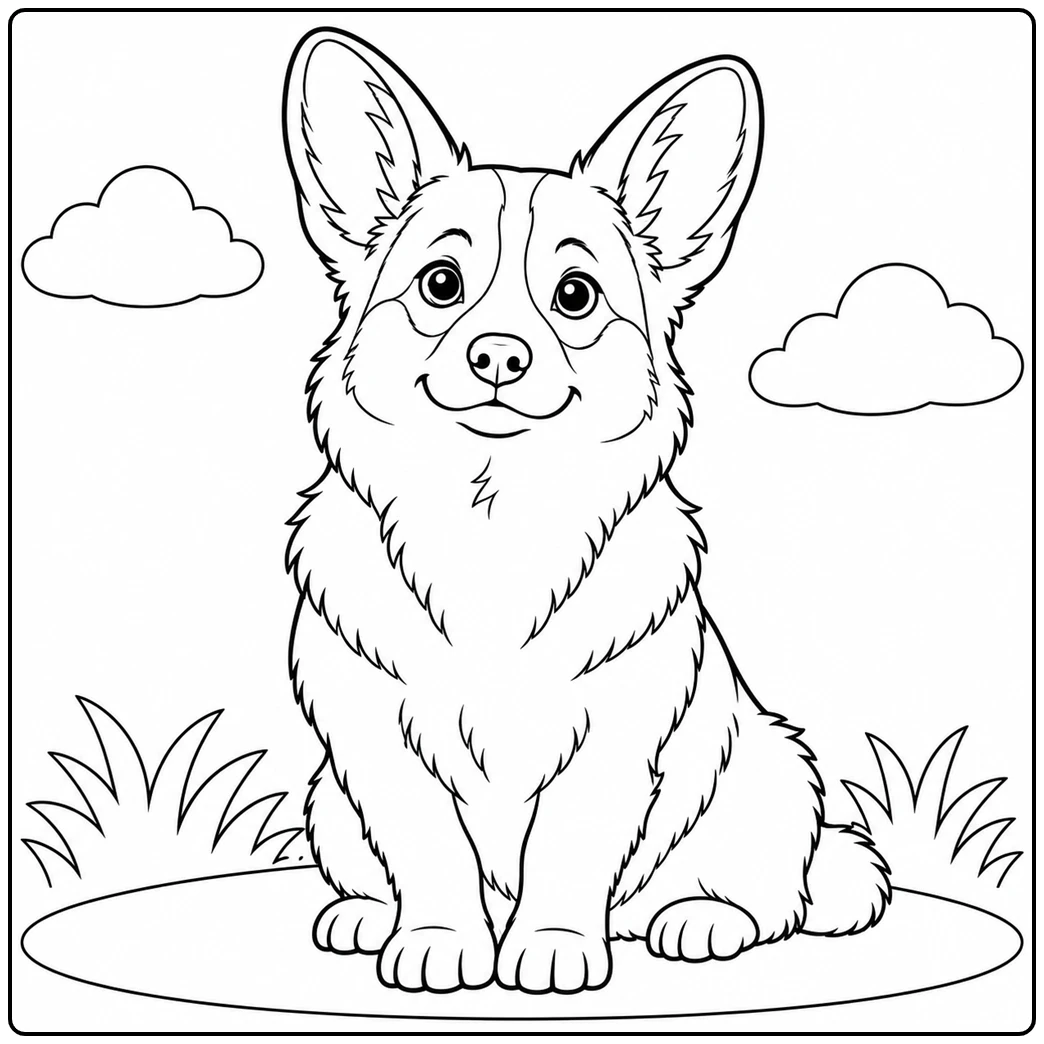 Corgi sits upright on the grass with large alert ears and a calm, friendly expression