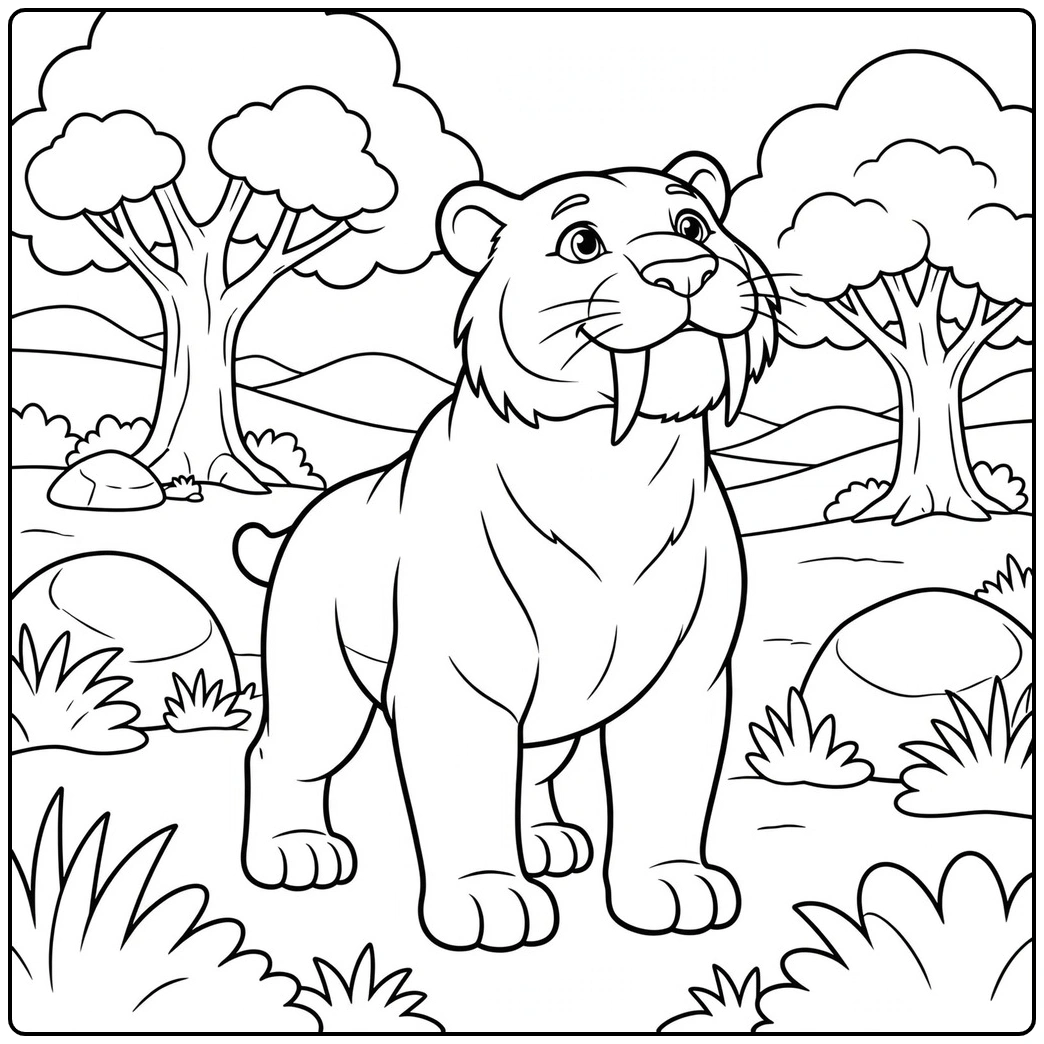 Alert saber tooth tiger standing among trees, bushes, rocks, and distant hills