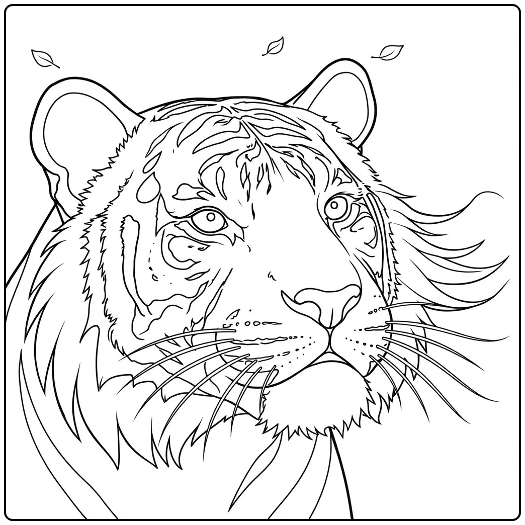Forward-facing tiger portrait with alert eyes, striped cheeks, and drifting leaves