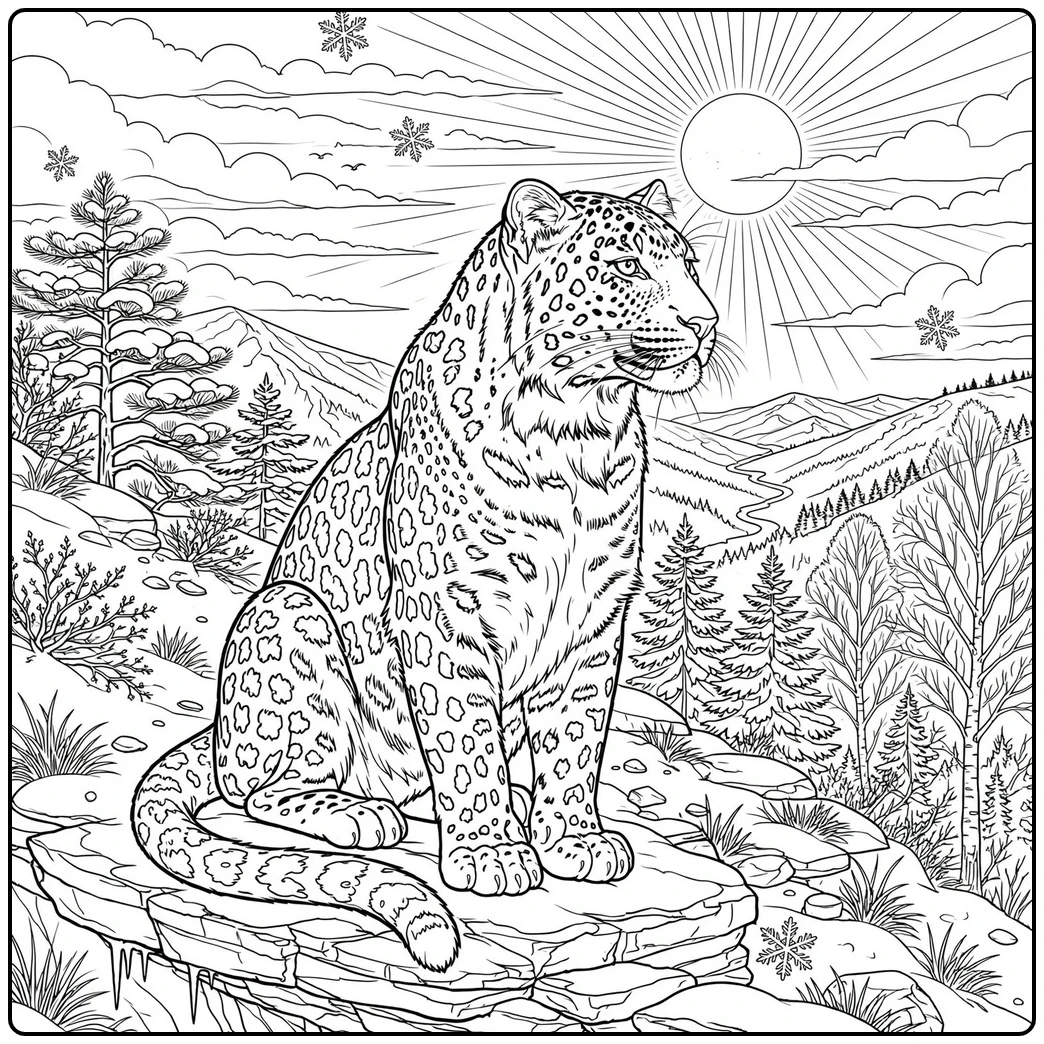 Thick-furred Amur leopard sits on a snowy ridge above mountains and a winding valley