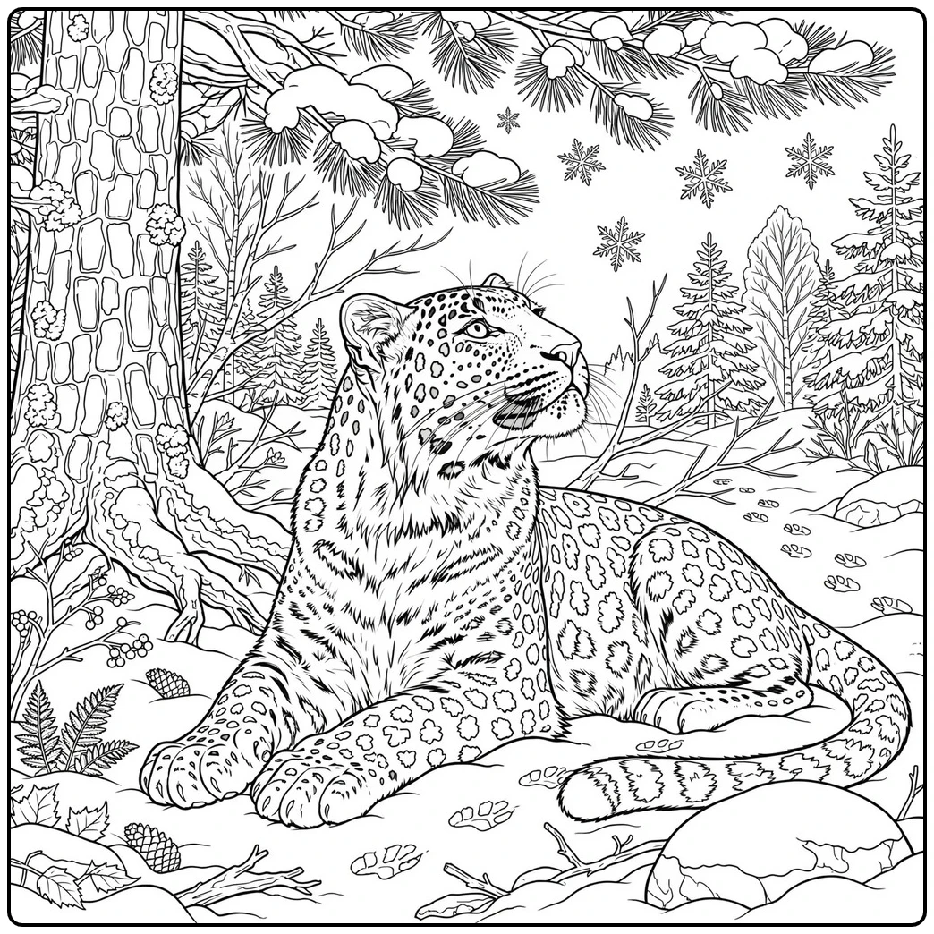Resting Amur leopard coloring page set beneath snowy pine branches and falling snowflakes