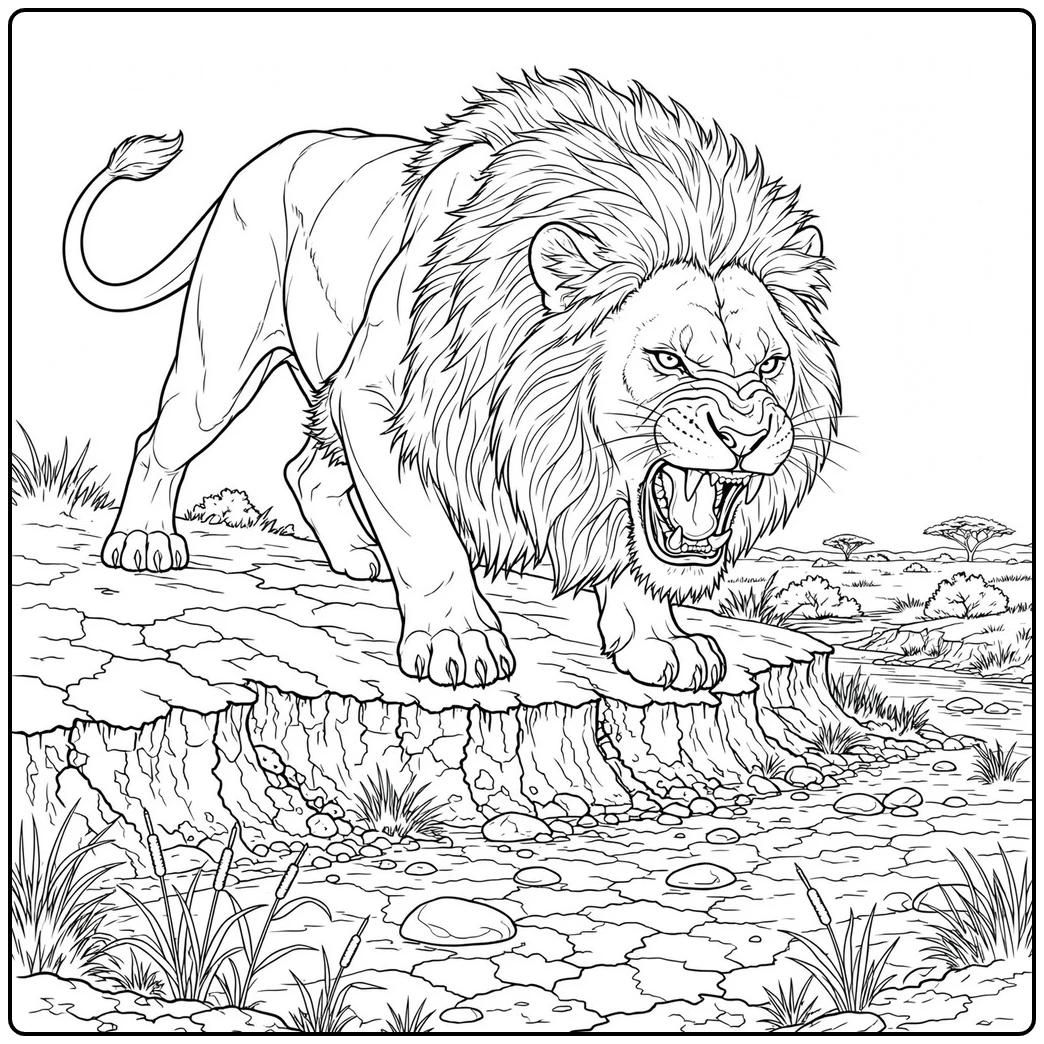 Angry male lion roars from a cracked riverbank above a dry rocky streambed