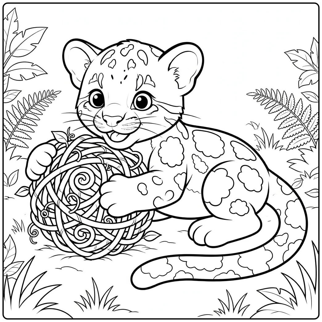 Baby clouded leopard holding a tangled vine ball while sitting on the forest floor