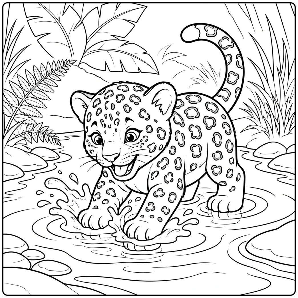 A smiling cub splashes its paws in a jungle stream on a baby jaguar coloring page