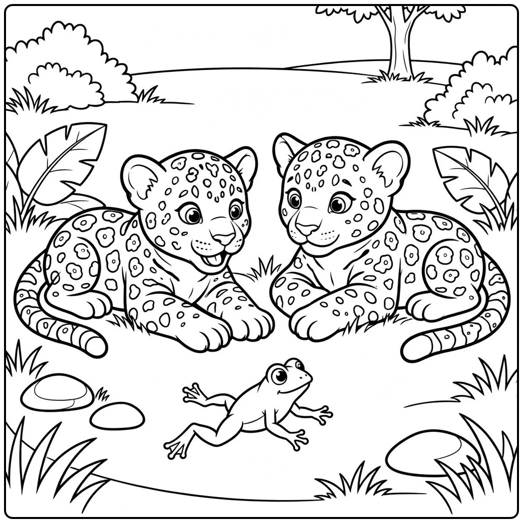 Two spotted jaguar cubs lying on the grass and watching a small frog hop between them