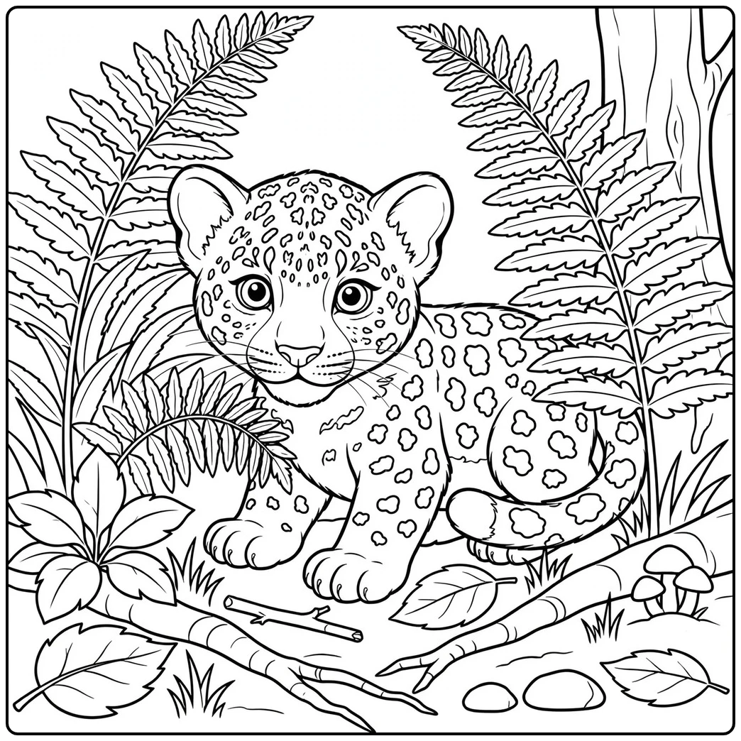 Young cub among ferns in leopard coloring pages with mushrooms and fallen branches