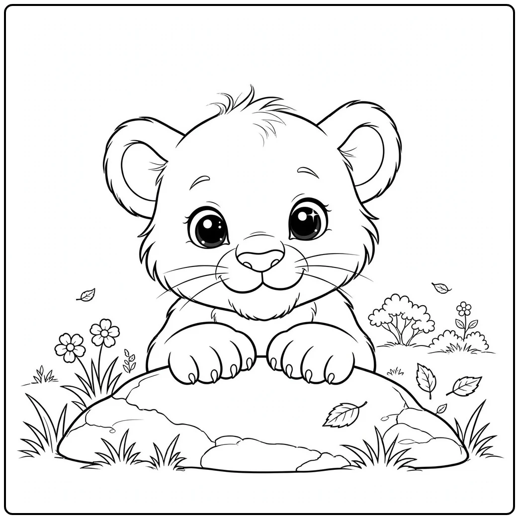 Baby lion peeks over a low rock with both paws resting along the top edge