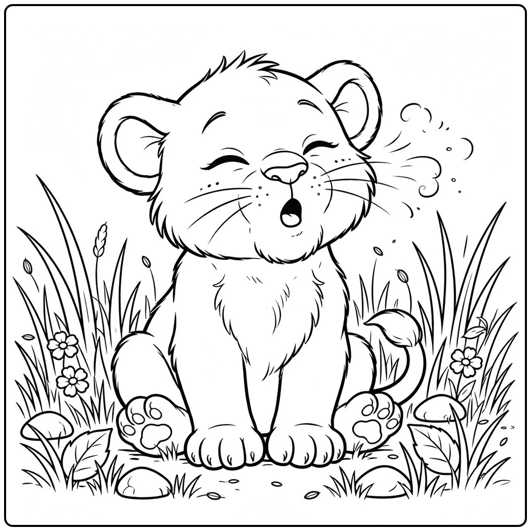 Baby lion sneezes among tall grass and flowers with its eyes squeezed shut