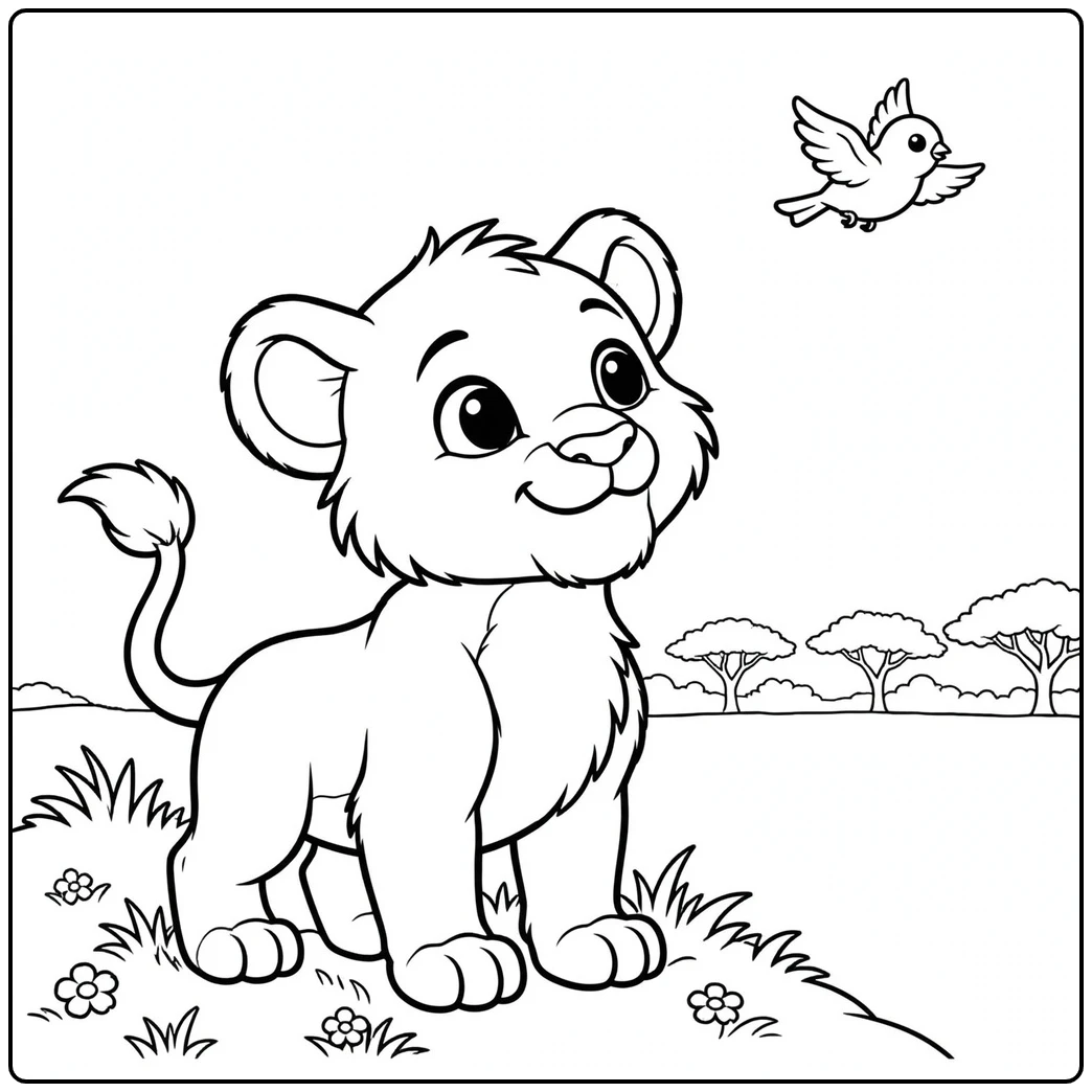Smiling cub watches a flying bird in a baby lion coloring page with small flowers