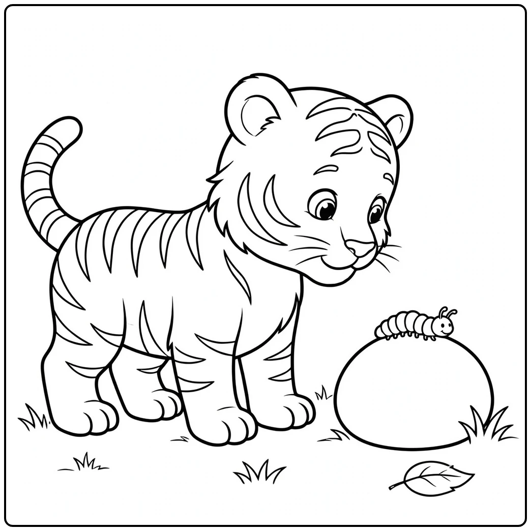 Baby tiger studies a caterpillar crawling across a smooth round rock in the grass