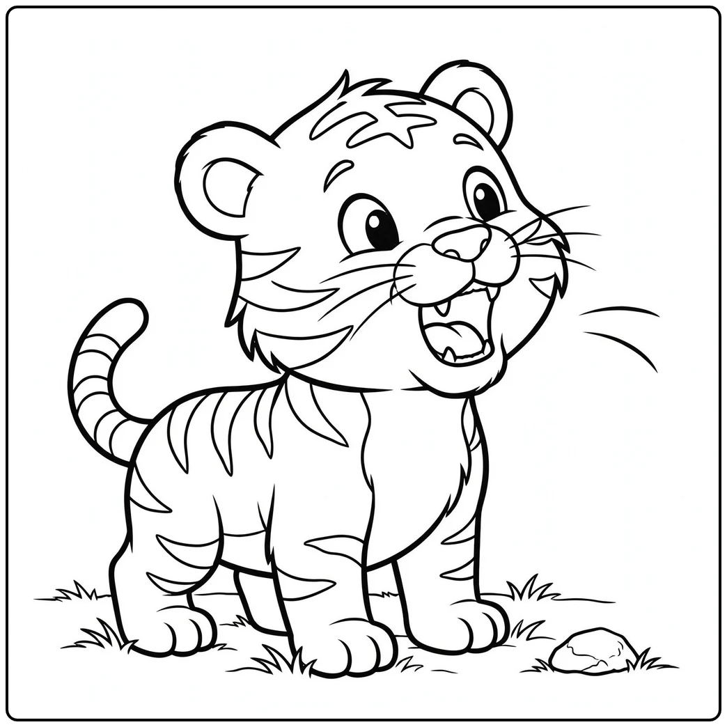 Baby tiger practices a small roar in a simple tiger coloring page with short grass