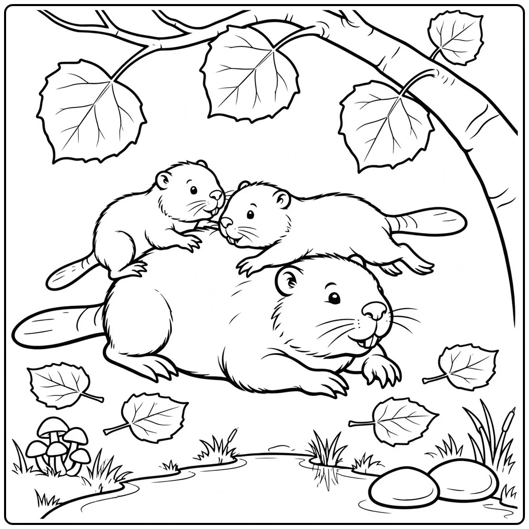 Two baby beavers climb onto their resting parent's back beneath broad autumn leaves