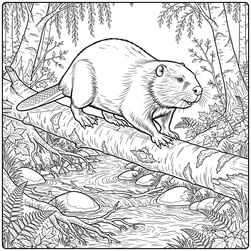 An adult crosses a fallen birch over a rocky stream in this beaver coloring page