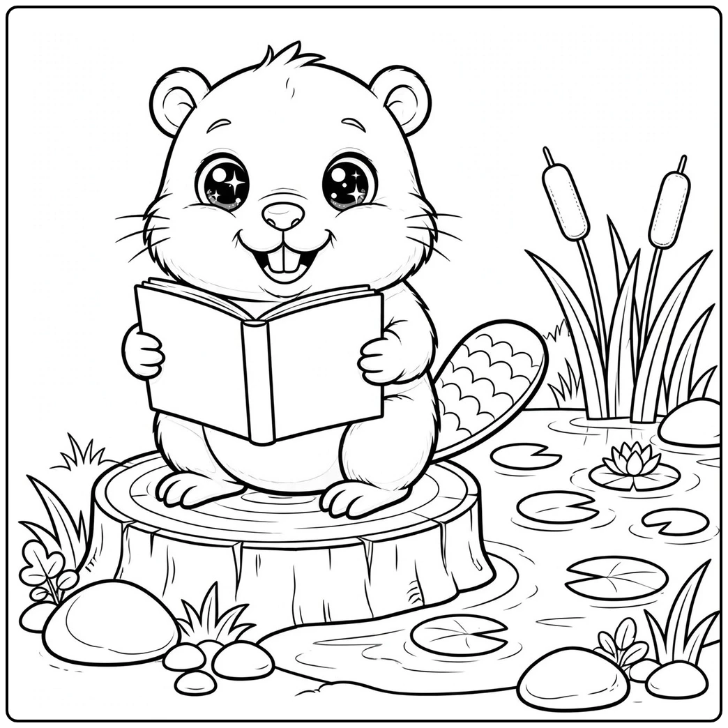 A smiling beaver reads on a tree stump beside a pond in this beaver coloring page