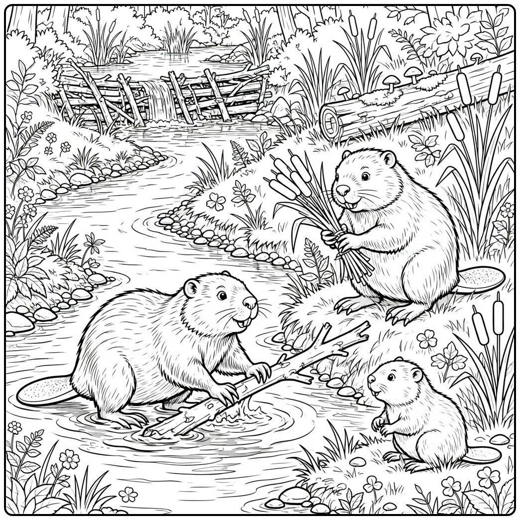 Three beavers gather branches beside a winding stream with a wooden dam upstream