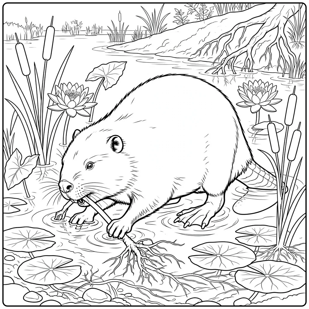A beaver gathers an aquatic plant among water lilies and cattails in a marsh