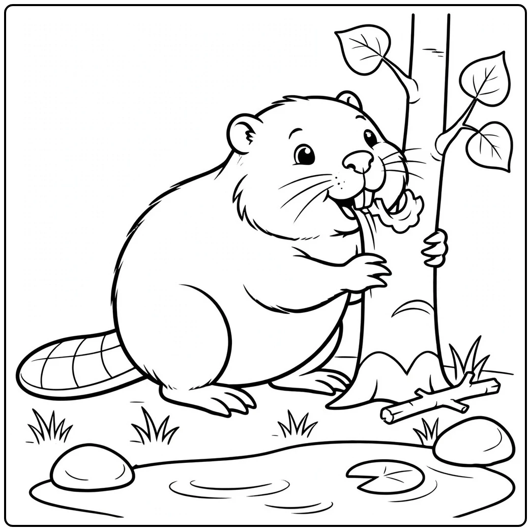 Beaver gnaws a young tree beside a quiet pond with rocks, grass, and a lily pad