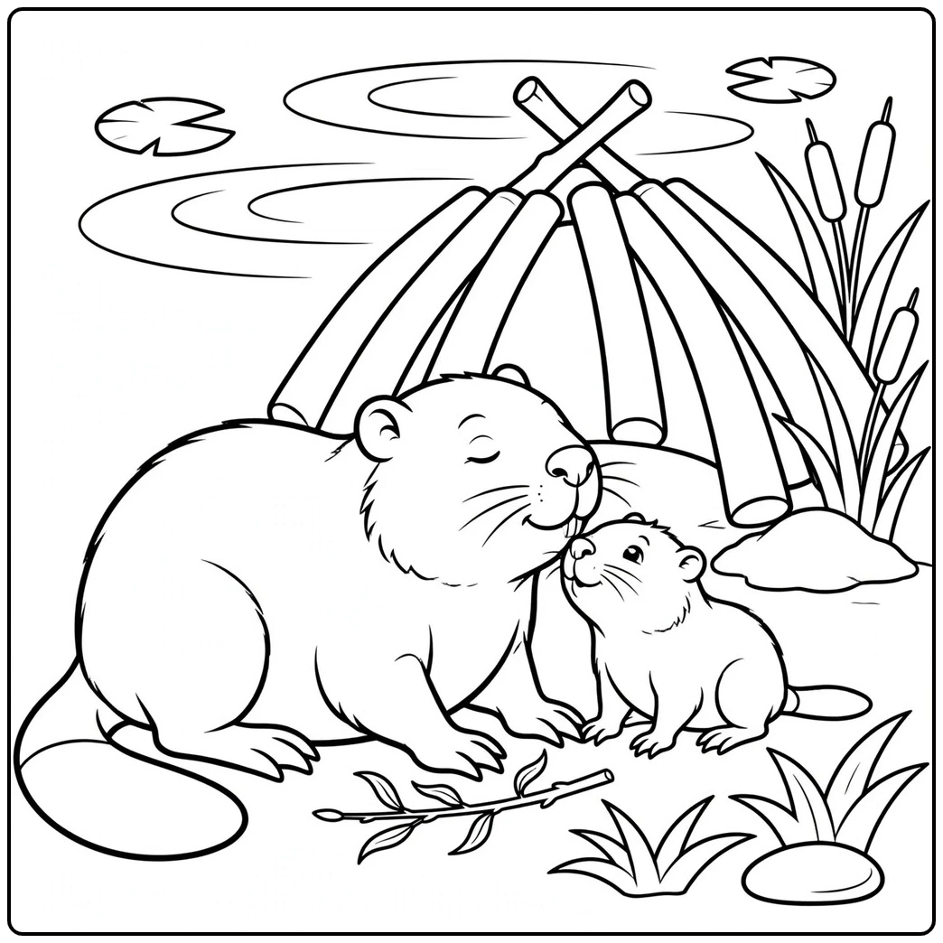Adult beaver nuzzling a young kit beside a stick lodge with cattails and pond water