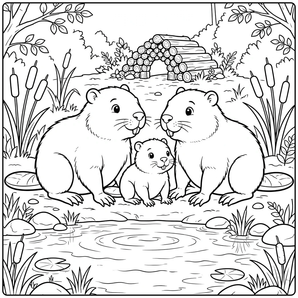 Two parent beavers gather around their baby beside a pond in this beaver coloring page