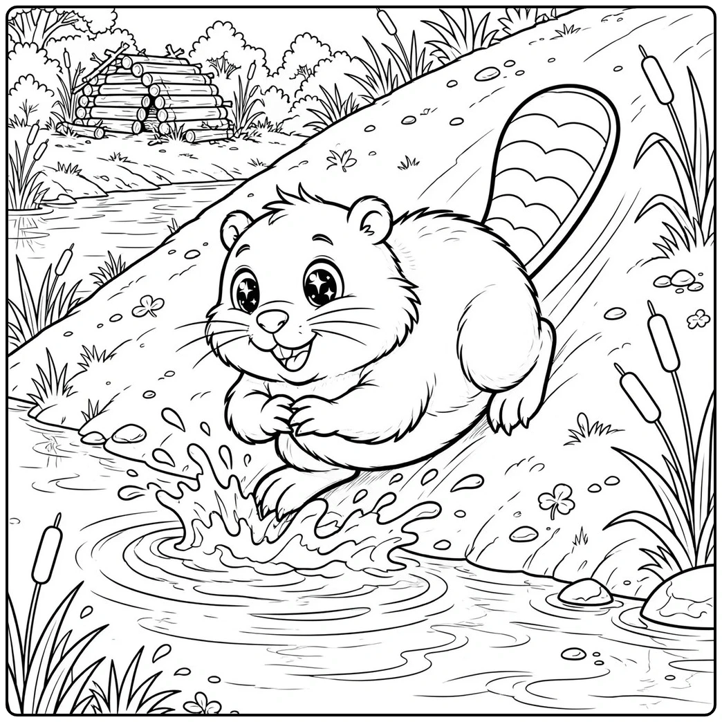 A happy beaver slides down a grassy riverbank toward a splash-filled pond