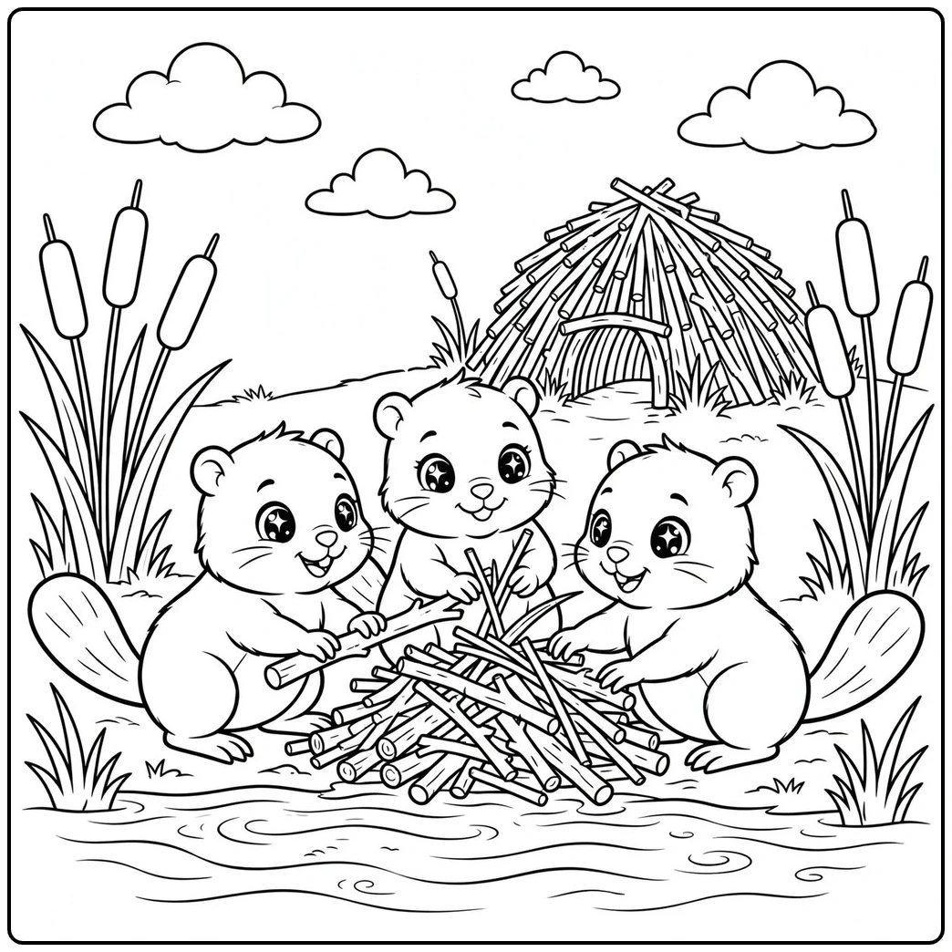 Three beavers stack branches by their lodge in a woodland beaver coloring page