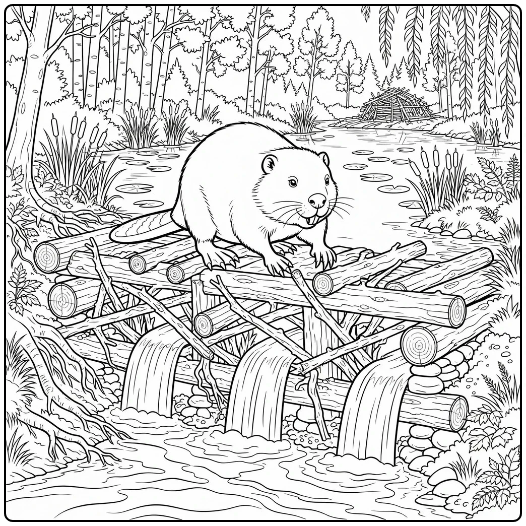 An adult stands on a log dam above three waterfalls in this beaver coloring page
