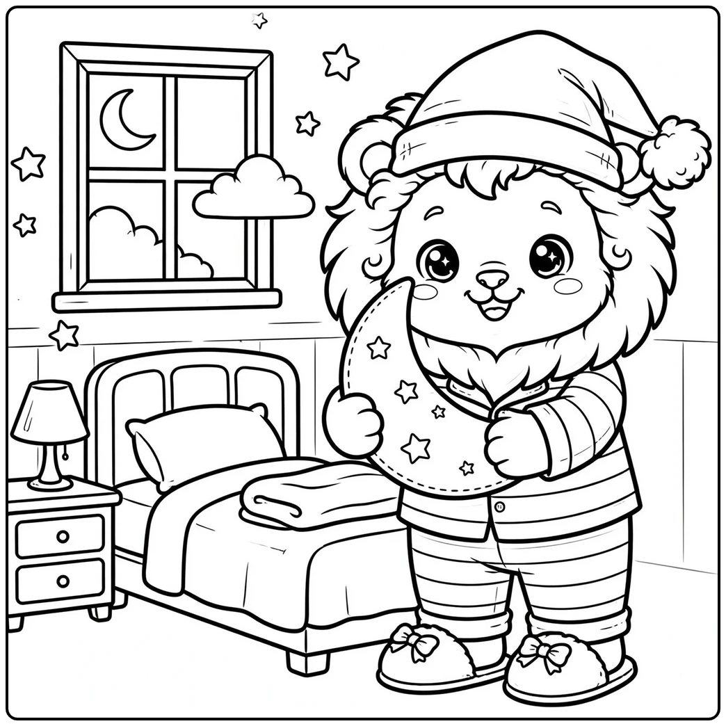 Bedtime lion holds a crescent moon pillow beside a bed and starry window