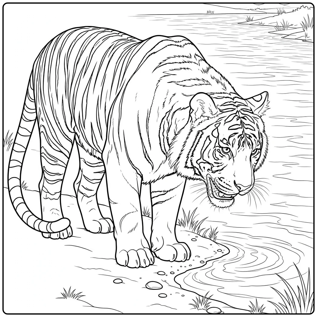 Adult Bengal tiger pauses at a sandy river edge and watches gentle water ripples