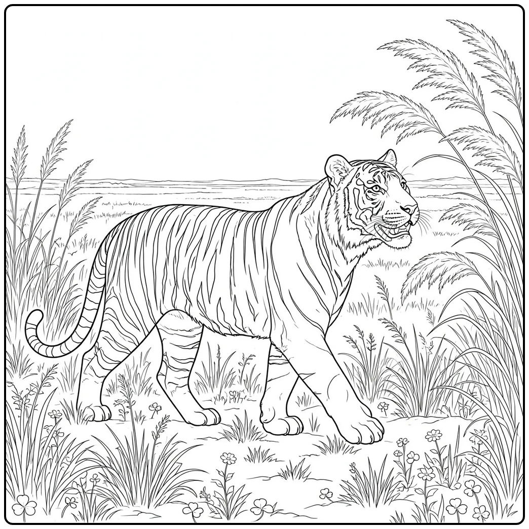 Bengal tiger coloring page with an adult tiger walking through tall open grassland