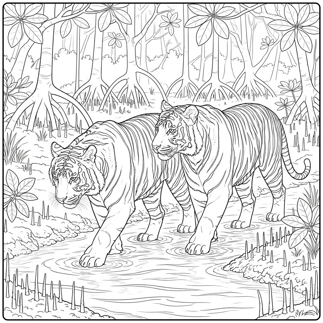 Pair of Bengal tigers walk through shallow mangrove water among exposed tree roots