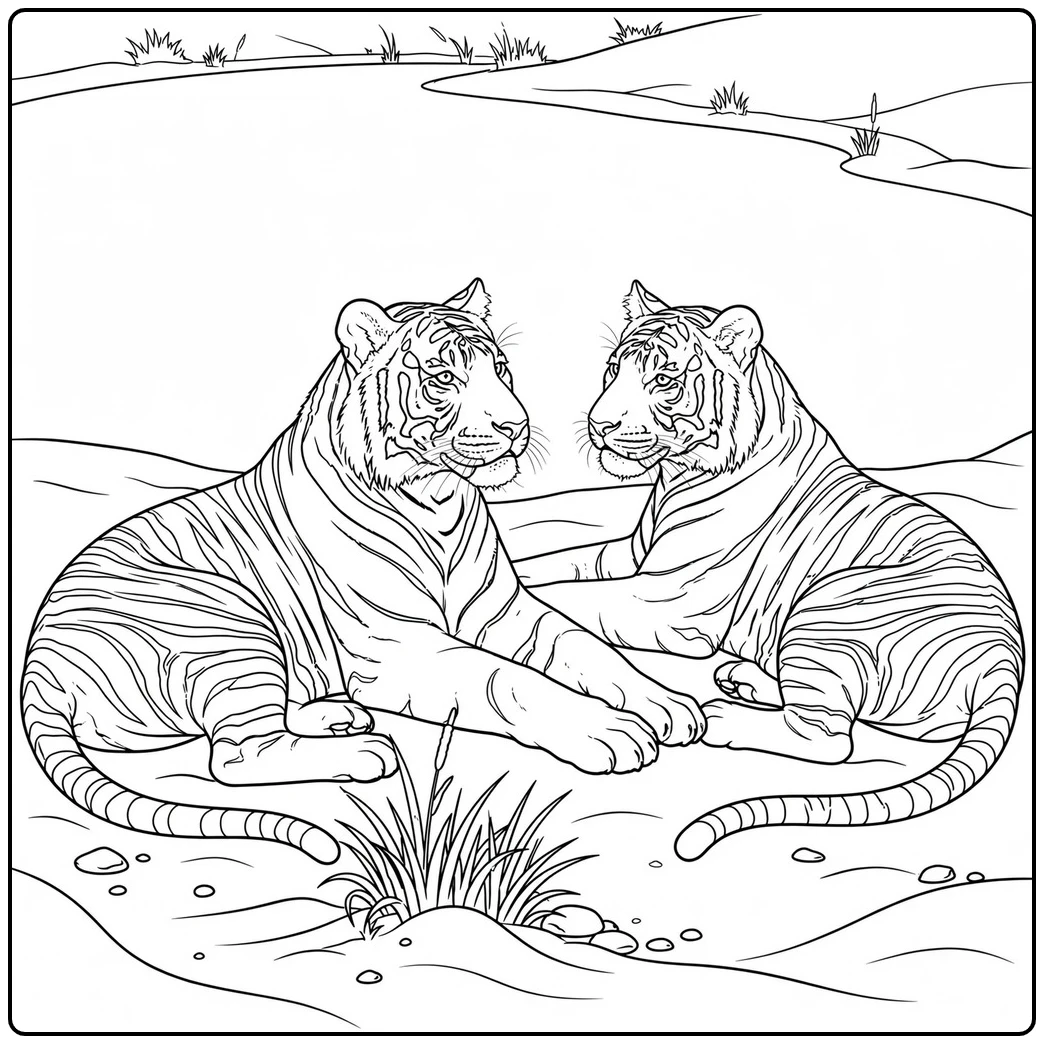 Two Bengal tigers rest face to face on a sandy river island beside a grass clump