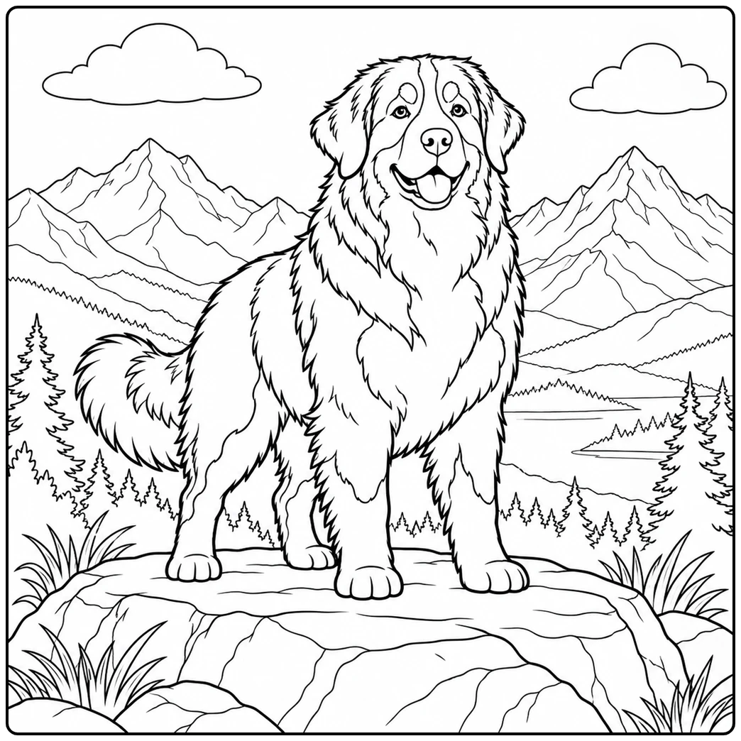 Bernese Mountain Dog stands proudly on a rocky lookout with high mountain peaks behind
