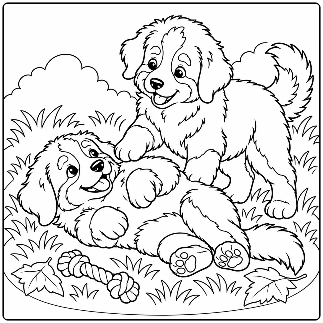 Two Bernese Mountain Dog puppies playfully wrestle on the grass beside a rope toy