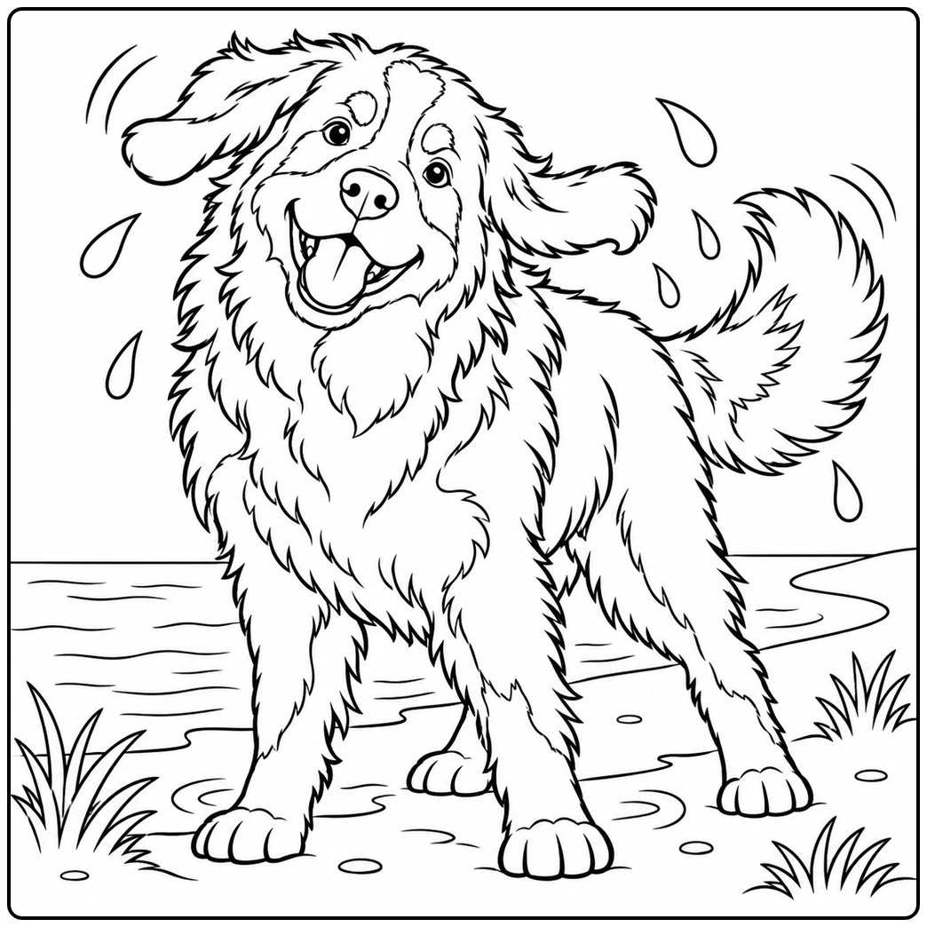 A wet dog shakes off water beside the shore in this bernese mountain dog coloring page