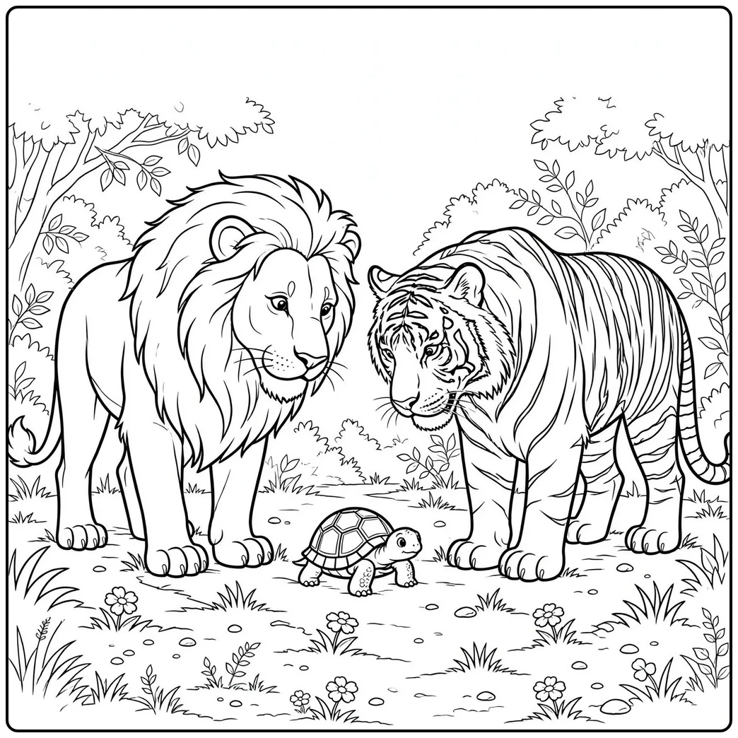 Curious lion and tiger coloring page with both animals studying a tiny tortoise
