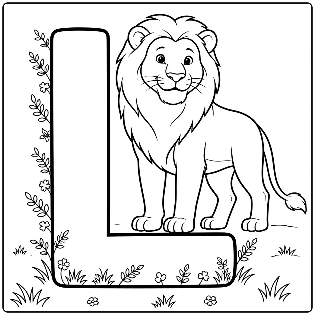 Standing male lion appears beside a bold letter L decorated with leaves and flowers
