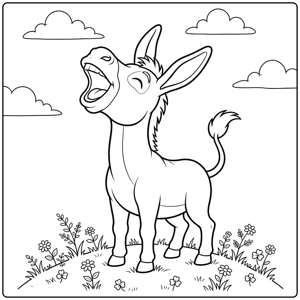 Donkey braying with its head raised while standing on a small flower-covered hill