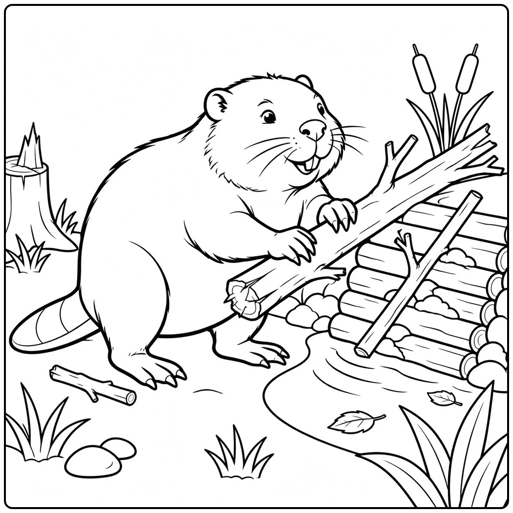 Busy beaver coloring page with a beaver carrying a log toward a small woodland dam