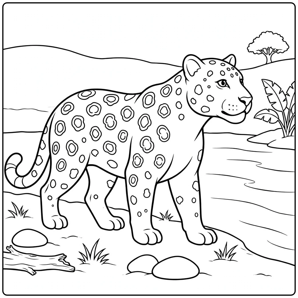 An adult jaguar standing on a sandy riverbank beside smooth stones and tropical plants